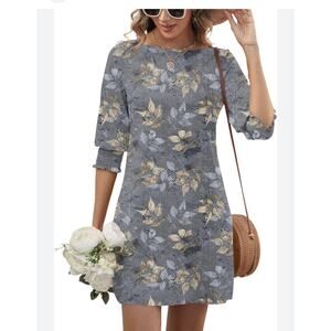 LUYAA Boatneck Mini Dress Grey Gold Leaf Floral Puff Sleeve Sz L Boho Pockets
